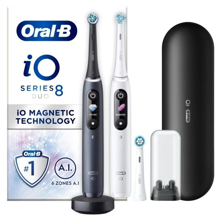 Oral-B iO 8 duo-pack elektriske tannbørster Svart & Hvit med ekstra børstehode v:4288400 Oral-B iO 8 duo-pack elektriske tannbørster Svart & Hvit med ekstra børstehode v:4288400