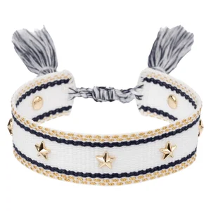 DARKWoven Friendship Bracelet With Star Studs White With Navy Blue & Gold v:6590812
