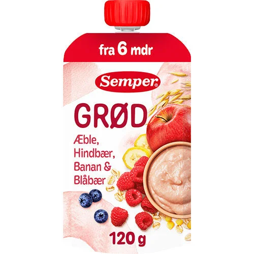 Grøt med eple, bringebær, banan og blåbær fra 6 mnd. v:7432255